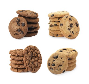 Beyaza izole edilmiş çikolatalı kurabiyeler, kolaj.