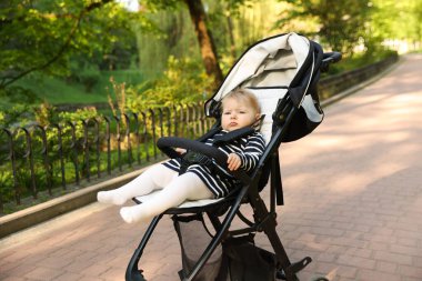 Parktaki bebek arabasında şirin bir bebek. Metin için boşluk