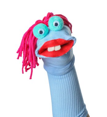 Beyaz saçlı, komik çorap kuklası.