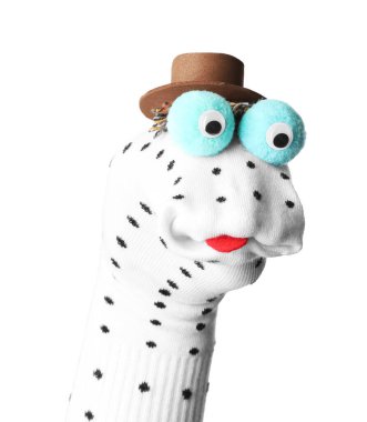 Beyaz şapkalı komik çorap kuklası.