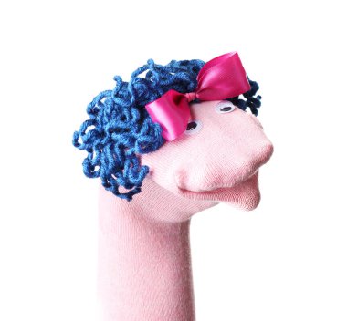 Beyaz saçlı, komik çorap kuklası.