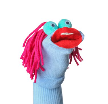 Beyaz saçlı, komik çorap kuklası.