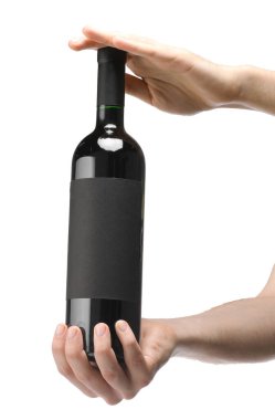 Beyaz arka planda lüks şarap şişesi tutan adam. Tasarım için model