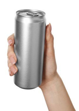 Beyaz arka planda teneke kutusu olan kadın, yakın plan.