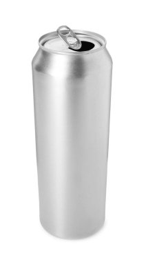 Bir gümüş teneke kutu beyaza izole edilmiş