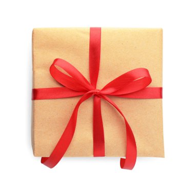 Kraft kağıdına sarılmış beyaz yay ile izole edilmiş, üst görünüm