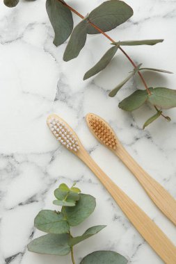 Bambu diş fırçaları ve okaliptüs dalları beyaz mermer masa üzerinde, düz yatıyordu.