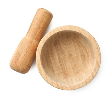 Kabuklu ahşap havan topu beyaz üzerine izole, üst manzara