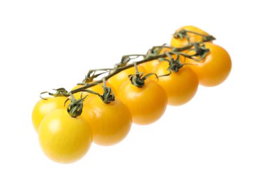 Taze sarı kiraz domatesleri beyaza izole edilmiş.
