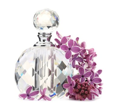 Bir şişe lüks parfüm ve beyaza ayrılmış leylak çiçekleri.