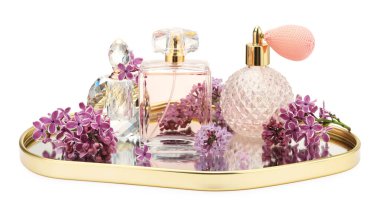 Lüks parfümler ve beyaz tenli güzel leylak çiçekleri.