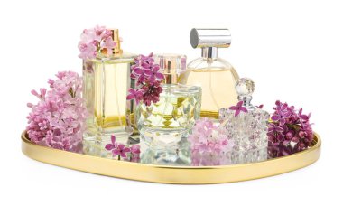 Lüks parfümler ve beyaz tenli güzel leylak çiçekleri.