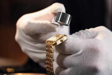 Loupe 'a değer biçen, içeride lüks kol saati değerlendirmesi yapan bir eksper.