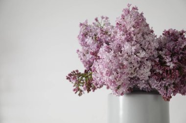 Beyaz masanın yanındaki vazoda güzel leylak çiçekleri, yakın plan. Metin için boşluk