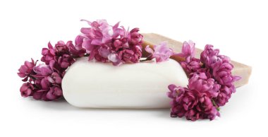 Sabun çubukları ve leylak çiçekleri izole edilmiş beyaz