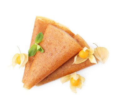 Lezzetli meyve dürümleri ve bitki özü beyaz, üst manzara