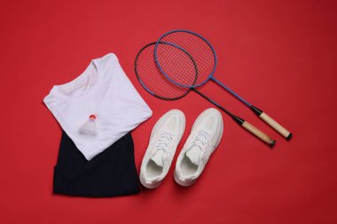 Spor kıyafetleri, spor ayakkabıları, badminton raketleri ve kırmızı arka planda mekik penisi, düz yatıyordu.
