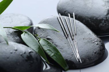 Akupunktur iğneleri, ıslak spa taşları ve su yüzeyinde yapraklar, yakın çekim.