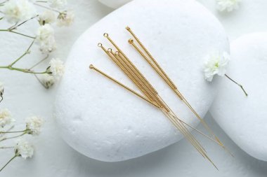 Akupunktur iğneleri, çakıl taşları ve çiçekler ışık masasında, düz yatıyordu.