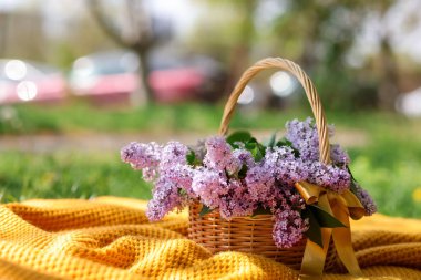 Açık havada üzerinde leylak çiçekleri olan hasır sepet, yakın plan.