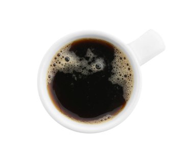 Beyaz bardakta sade kahve, üst manzara.