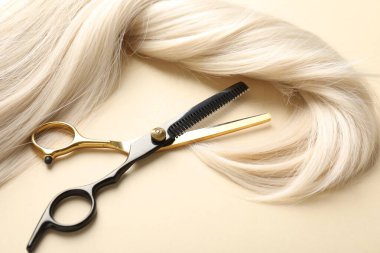 Bej arkaplanda saç kilidi ve makas, üst görünümde