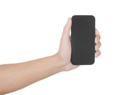 Beyaz arka planda modern akıllı telefonu olan adam, yakın plan. Tasarım için model