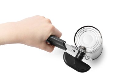 Beyaz arka planda konserve açacağı olan kadın, üst görünümde