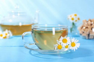 Cam bardakta nefis papatya çayı, taze çiçekler ve açık mavi ahşap masada kahverengi şeker, yakın plan.