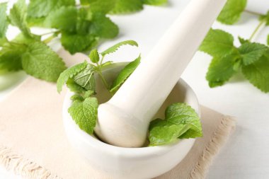 Taze limon merhemi yaprakları ve beyaz ahşap masada havan topuzu, yakın plan.