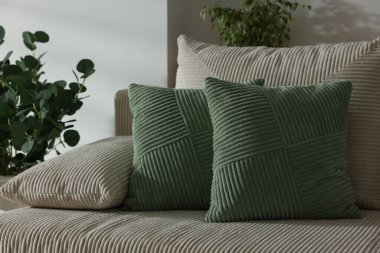 İçerideki kanepede iki açık yeşil yastık.