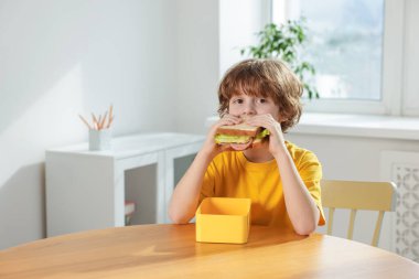 Okuldaki ahşap masada sandviç yiyen sevimli küçük çocuk. Metin için boşluk