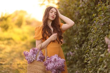 Güzel bir kadın sabah çalıların yanında bir çanta leylak çiçeğiyle
