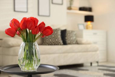 Güzel kırmızı laleler vazonun içinde, masa içinde, metin için yer var.