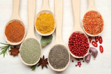 Beyaz ahşap masadaki kaşıklardaki farklı aromatik baharatlar.