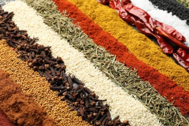 Arkaplan olarak birçok farklı baharat, yakın görünüm