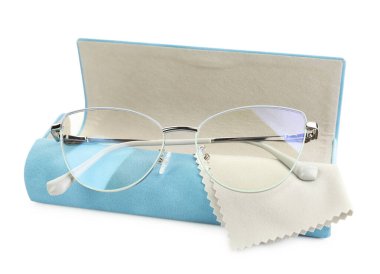 Case with stylish glasses and cleaning cloth isolated on white