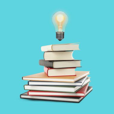 Havadaki ampul, turkuaz arka plandaki kitap yığınına karşı. Fikir ve bilgi