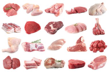 Farklı türde taze et, beyaza izole edilmiş, kolaj. Biftek, domuz, tavuk ve dana eti.