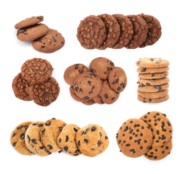 Beyaza izole edilmiş çikolatalı kurabiyeler, kolaj.