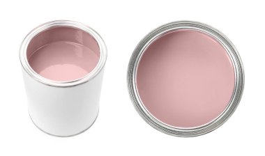 Pastel pembe boya, beyaza izole edilmiş. Üst ve yan görünüm