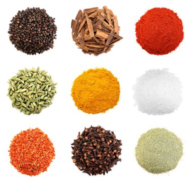 Beyaz arka planda farklı aromatik baharatlar, set. Üst görünüm