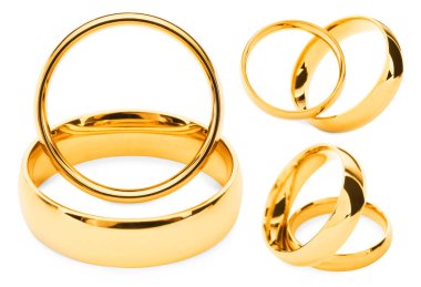 Beyaz arka planda parlak altın alyanslar, kolaj