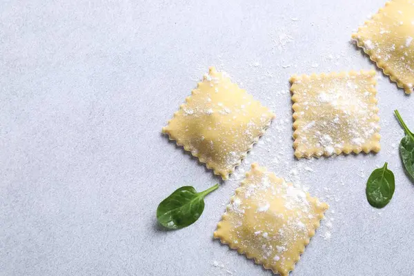 Pişmemiş ravioli ve ıspanak ışık masasında, düz yerde. Metin için boşluk