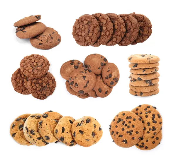 Beyaza izole edilmiş çikolatalı kurabiyeler, kolaj.