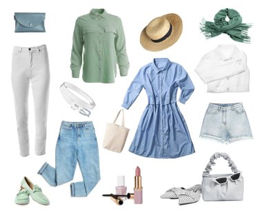 Beyaza izole edilmiş şık kadın kıyafetleri ve aksesuarları. Şık kıyafet kolajı