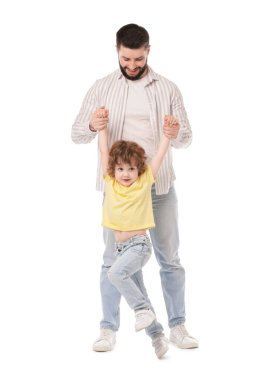 Mutlu baba ve oğlu beyaz arka planda