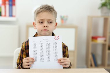 Okul derecesi. Üzgün çocuk cevap kağıdını C harfi ile tutuyor ve kapalı masada eksi sembol, mesaj için boşluk.