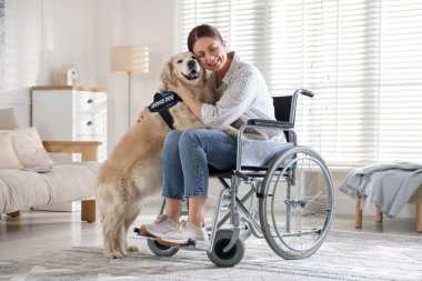 Tekerlekli sandalyedeki kadın servis köpeğine sarılıyor.