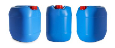Beyaz arka planda plastik kutu, kolaj. Farklı taraflardan görünüm